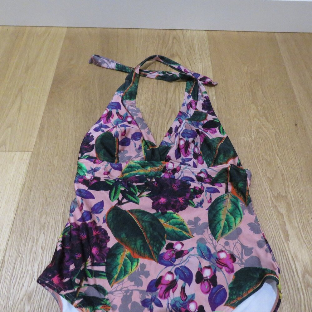 BETTY'S BEACH BUNGALOW Floral Halter Neck One Piece Swimsuit Size 10 Pink Purple - Picture 3 of 12